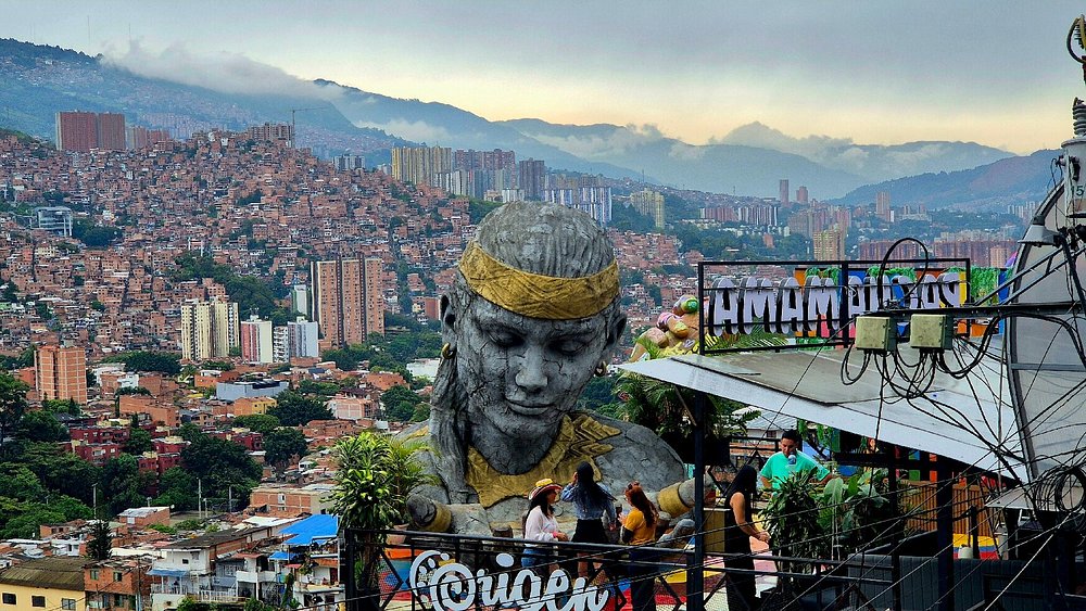 Medellín skyline viewed from the comunas at dusk